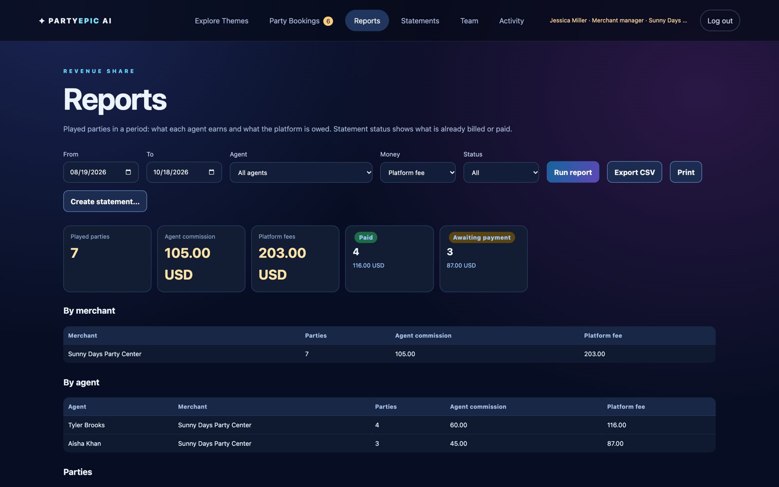 Reports in the PartyEpic AI studio